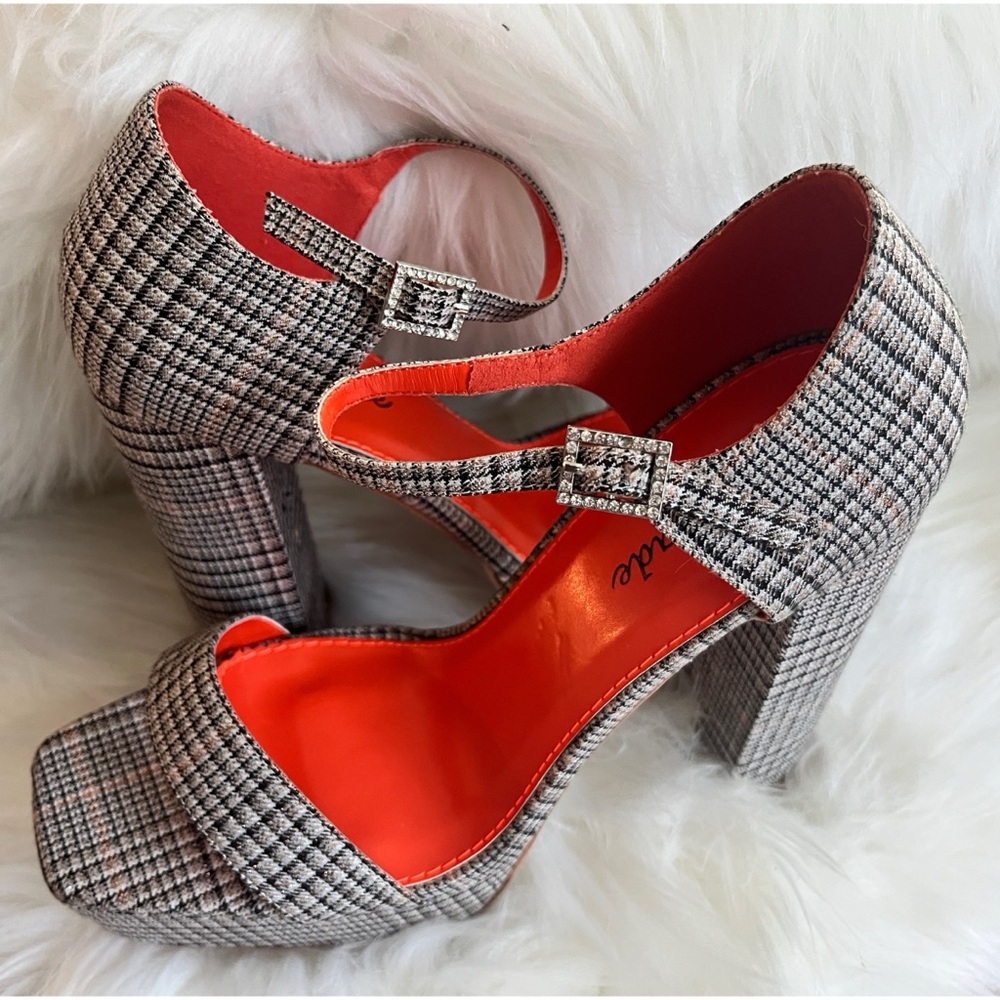 Lemonade Square Toe Glitter Houndstooth Block Heel Platform Sandals Sz 8 NWOT